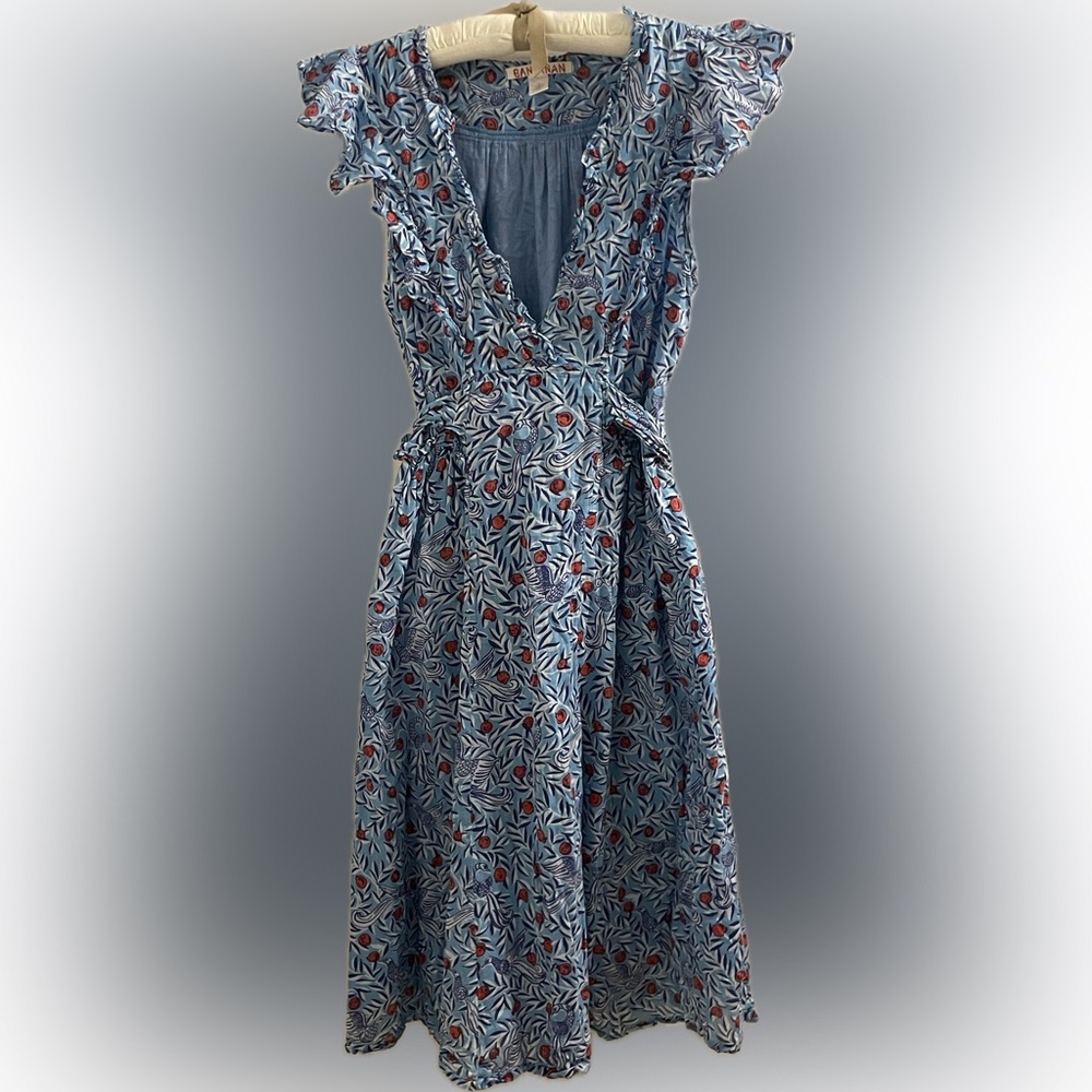 BANJANAN Floral Midi Dress with Ruffle Sleeves Small